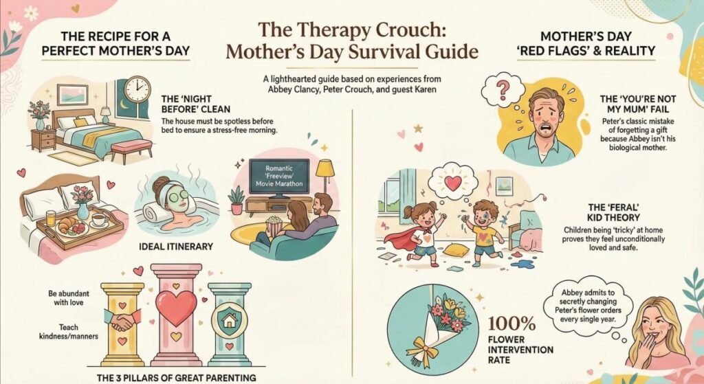 Infographic of The Therapy Crouch Mother’s Day Survival Guide featuring Abbey Clancy and Peter Crouch's parenting tips.