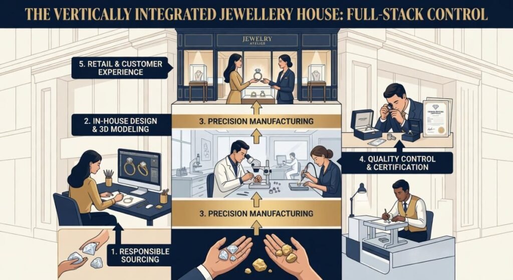 A detailed business infographic titled 'The Vertically Integrated Jewellery House: Full-Stack Control' showing a five-step process: 1. Responsible Sourcing, 2. In-house Design & 3D Modeling, 3. Precision Manufacturing, 4. Quality Control & Certification, and 5. Retail & Customer Experience.