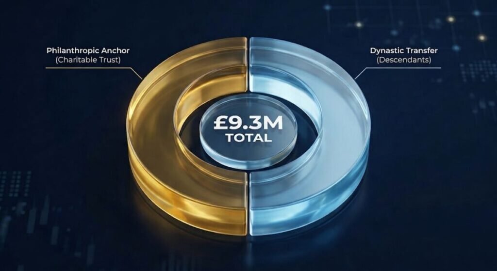 Chart showing the 50/50 split of Victoria Wood's estate between her charitable trust and direct heirs.