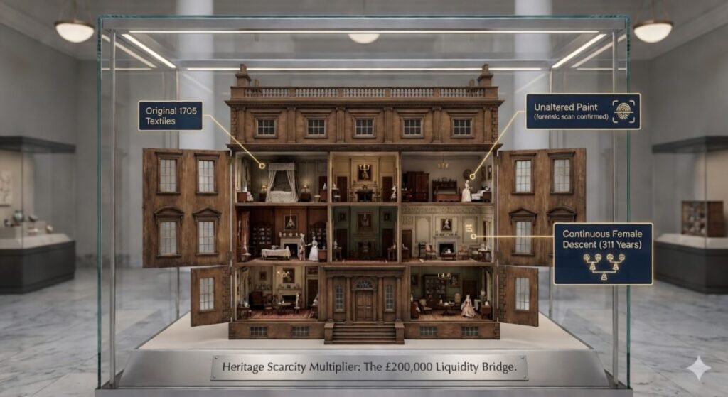A museum-grade 3D infographic of the 1705 Westbrook dollhouse, highlighting its continuous provenance and architectural preservation.