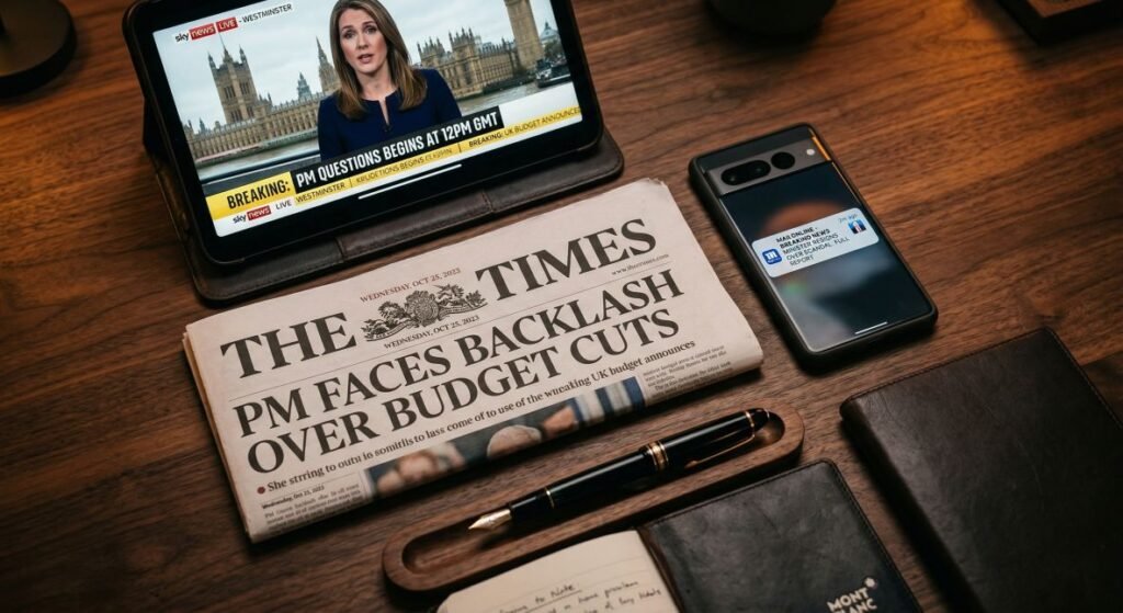 A professional desk showing the intersection of Sky News broadcasts and MailOnline digital alerts.