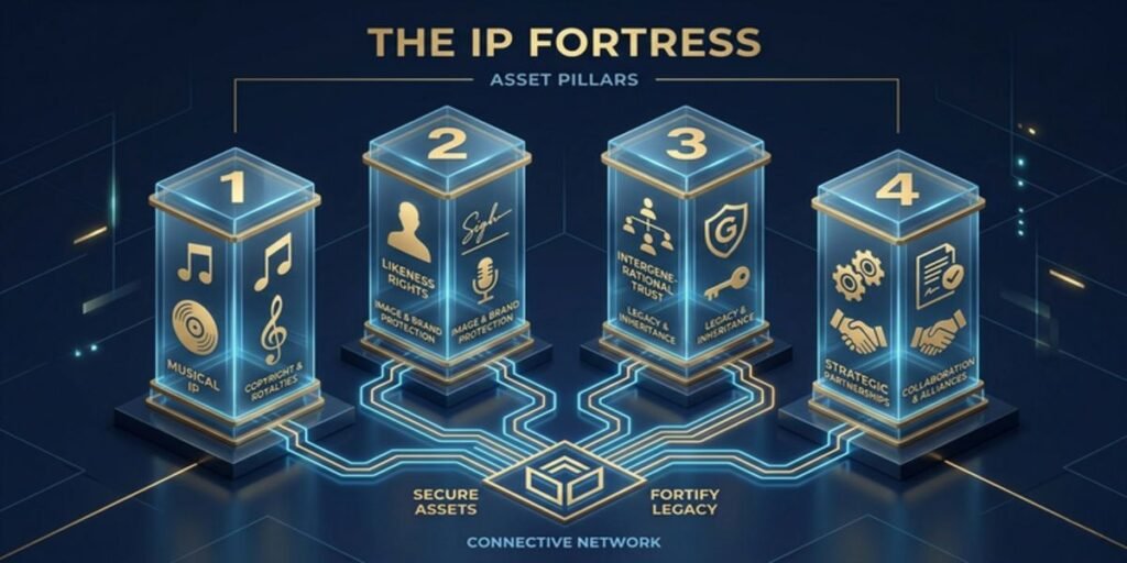 3D infographic showing the four pillars of Phil Lynott’s estate: Musical IP, Likeness Rights, Intergenerational Trust, and the Primary Wave partnership.
