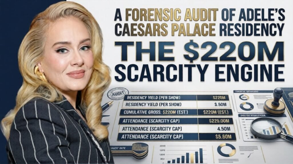 Adele in a navy pinstripe blazer adjacent to a financial audit dashboard showing a $220M residency yield and scarcity cap metrics for Elites Mindset Strategic Intelligence.