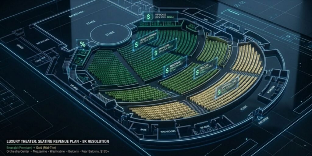 An overhead architectural heat map of The Colosseum at Caesars Palace showing ticket price distribution from $85 to $5,000.