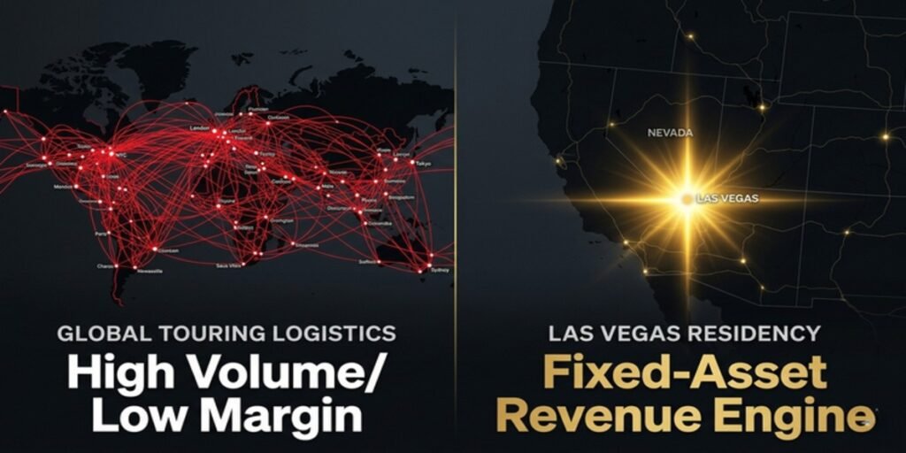 A split-screen graphic: one side shows a chaotic global map with lines (World Tour), the other shows a single glowing point in Las Vegas (Residency) with a much larger "Profit" bar.