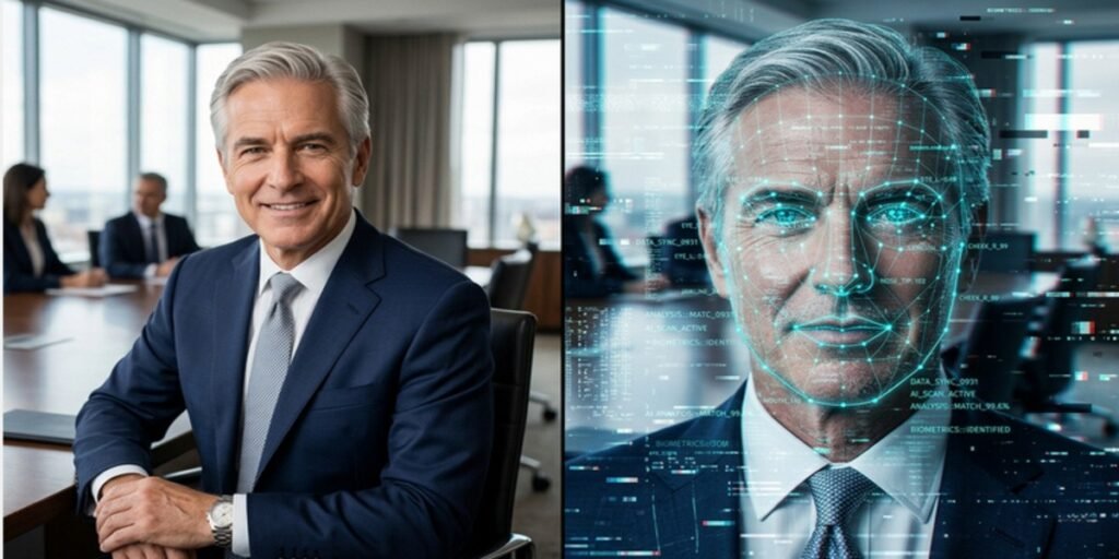 A comparison between a real executive and an AI-synthesized deepfake persona used for financial fraud.