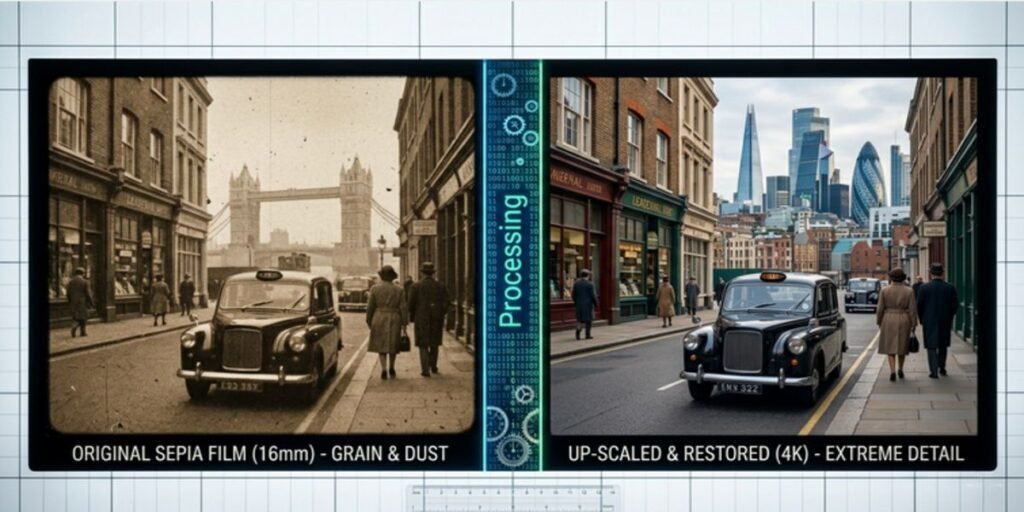 A split-screen comparison showing a grainy 1980s film frame being transformed into a crisp, 4K digital master via AI upscaling technology.