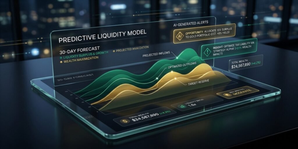 High-end digital wealth dashboard featuring predictive AI analytics and real-time liquidity modeling for UHNW portfolios.