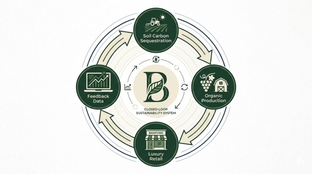 Visual schematic of the closed-loop biodynamic agricultural cycle developed by Alice Bamford, connecting soil health data from One Gun Ranch (USA) with production methods at Château Léoube (France) and Daylesford Organic (UK).
