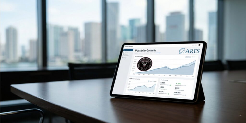 A professional setting showing digital financial data and the Inter Miami CF logo, representing institutional private equity investment in the club.