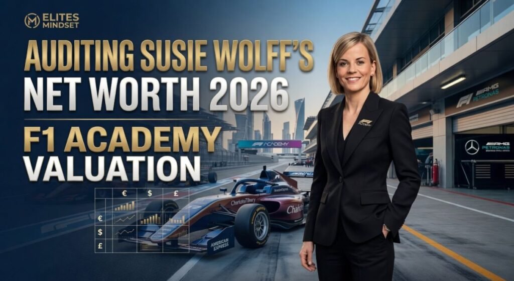 Susie Wolff in tailored suit on pit lane with F1 Academy car, Charlotte Tilbury and American Express logos visible, Elites Mindset Verified Audit stamp, 2026 forensic valuation.