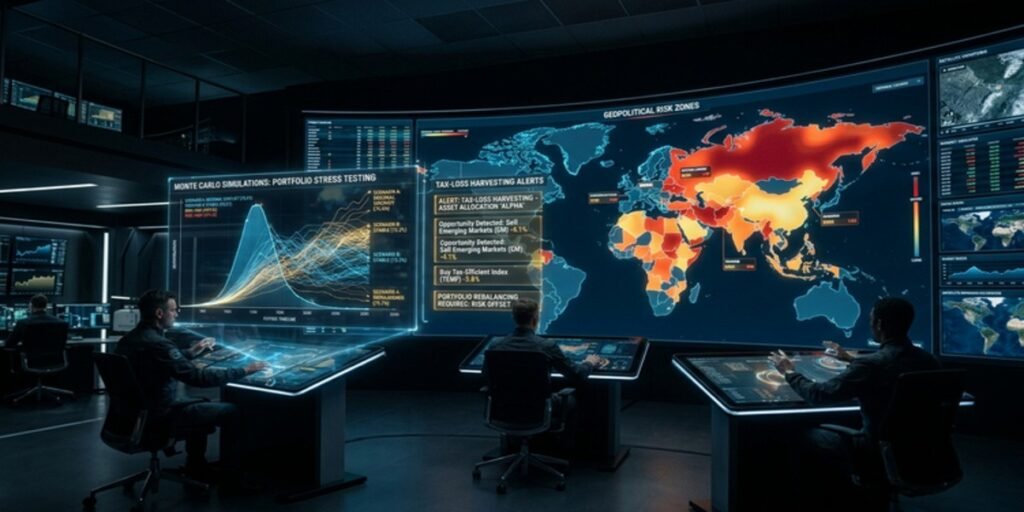 An AI-driven risk modeling interface for family offices, displaying geopolitical scenario analysis and autonomous tax optimization alerts.