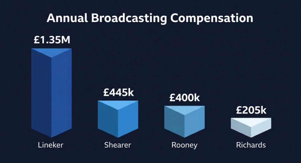 A comparative data visualization bar chart showing annual salaries for Gary Lineker, Alan Shearer, Wayne Rooney, and Micah Richards.
