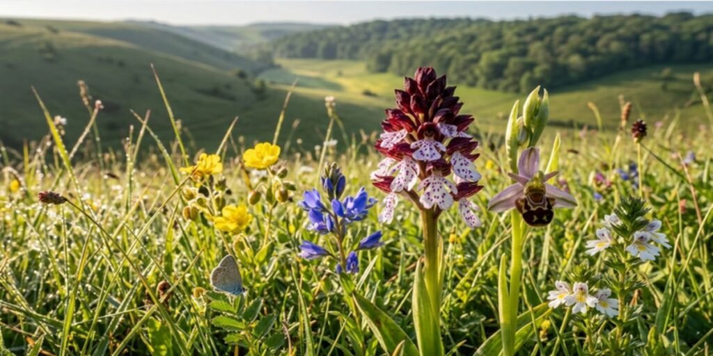 Protected chalk grassland on the Ashcombe Estate, representing the emerging market for Biodiversity Net Gain (BNG) units.