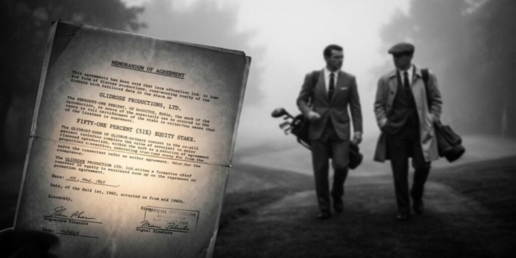 A stylized composite image of Jock Campbell and Ian Fleming at a golf course, overlaid with a transparent 51% equity contract for Glidrose Productions.