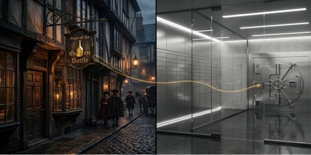 A visual history of C. Hoare & Co. private bank, showing the transition from 1672 goldsmith origins to modern discretionary wealth management.