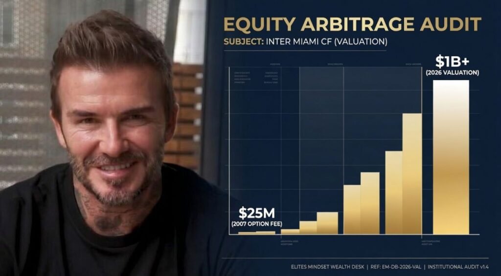 Forensic wealth audit of David Beckham's Inter Miami CF equity stake, visualizing the $25M initial option to the $1.45B institutional valuation in 2026.