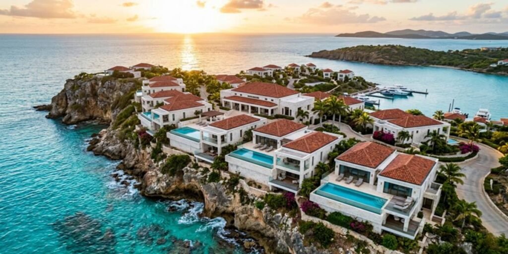 An architectural site plan view of the Eden Rock Hotel in St. Barths, highlighting its unique positioning on St. Jean Bay.