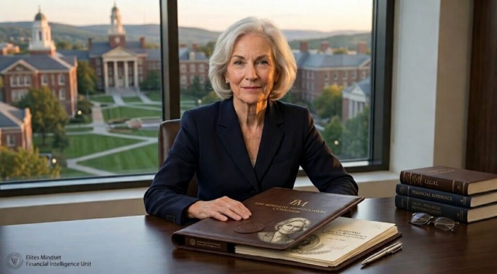 A professional portrait of Elaine Boeheim seated at a mahogany desk with a leather-bound forensic audit portfolio titled 'The Boeheim-Montgomery Corridor,' overlooking the Syracuse University campus.