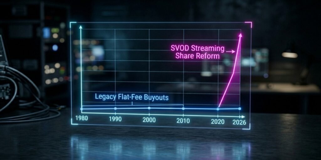 A financial graph comparing legacy flat-fee buyouts for actors vs. the 2026 Equity Reform streaming-share revenue model.