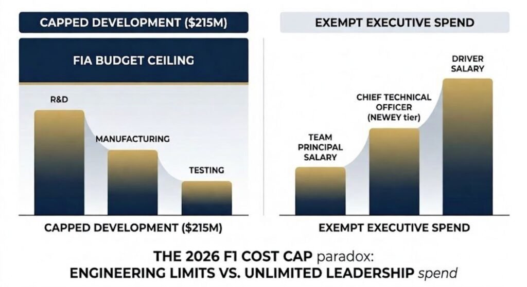 Infographic illustrating the paradox of F1's 2026 financial regulations: The $215M budget cap on engineering development (left) contrasting against the unlimited salary exemptions for team principals and top executives (right).