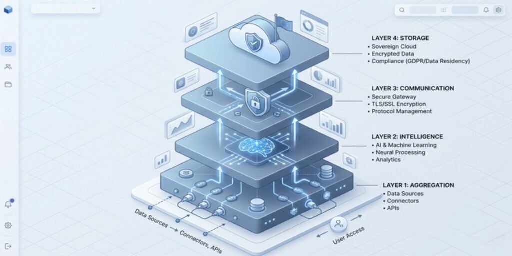 An isometric architectural blueprint showing the four critical layers of a modern family office tech stack: Aggregation, Intelligence, Communication, and Storage.