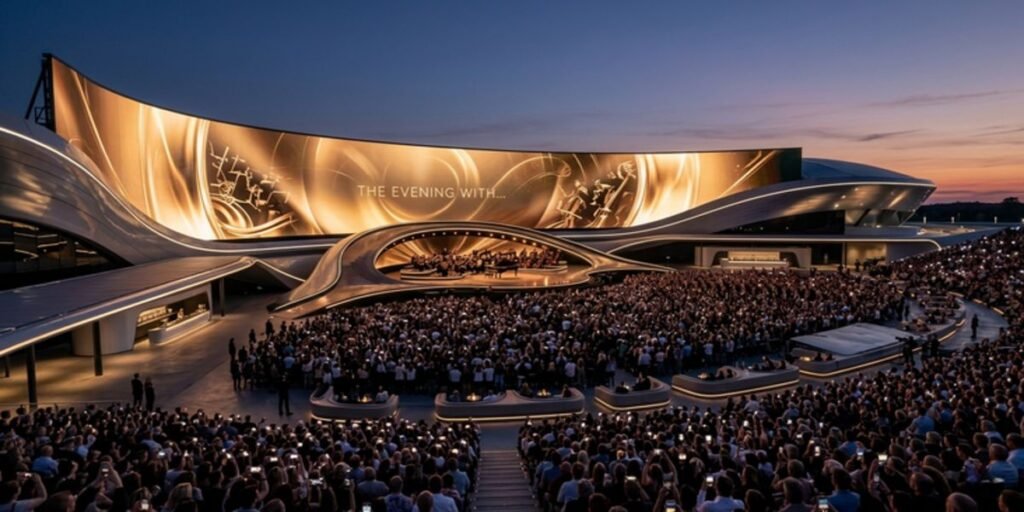 A futuristic conceptual rendering of a bespoke outdoor arena with a massive LED screen, inspired by Adele’s Munich residency and The Sphere.