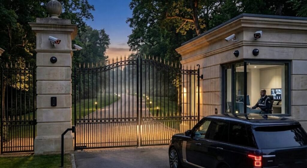 A high-tech gatehouse at the entrance of a private Surrey estate with security cameras.