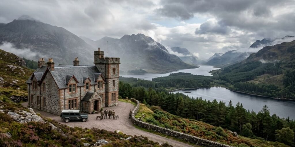 A panoramic visualization of the Glen Affric estate, emphasizing the Caledonian pinewoods and the Victorian hunting lodge.