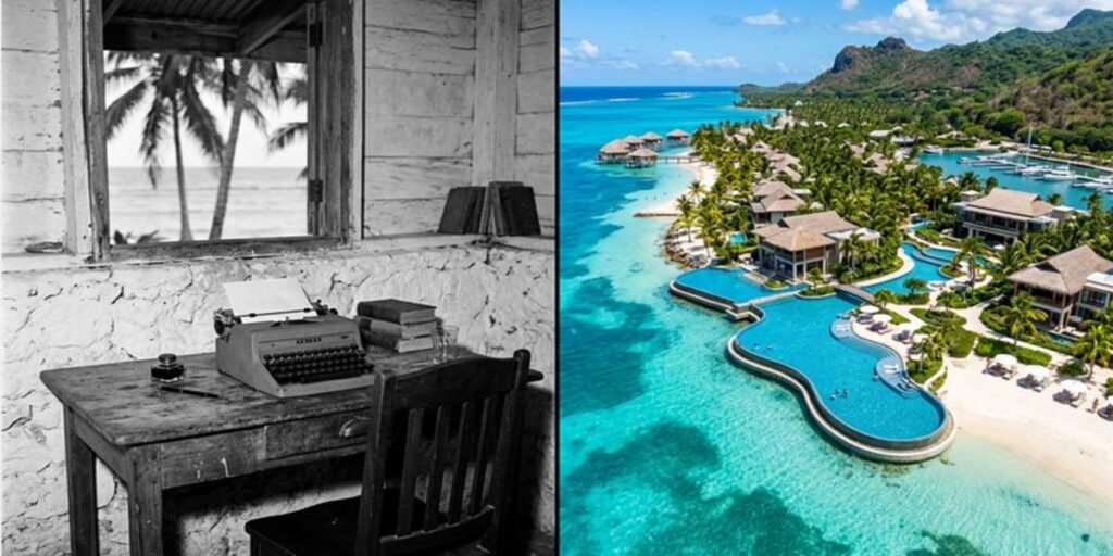 A split-image showing Ian Fleming’s original writing desk at Goldeneye in 1950 and the luxury Goldeneye Resort in 2026.