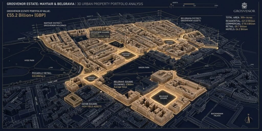 A 3D data visualization map of London’s prime real estate, highlighting the 300 acres of Mayfair and Belgravia controlled by the Grosvenor Group.