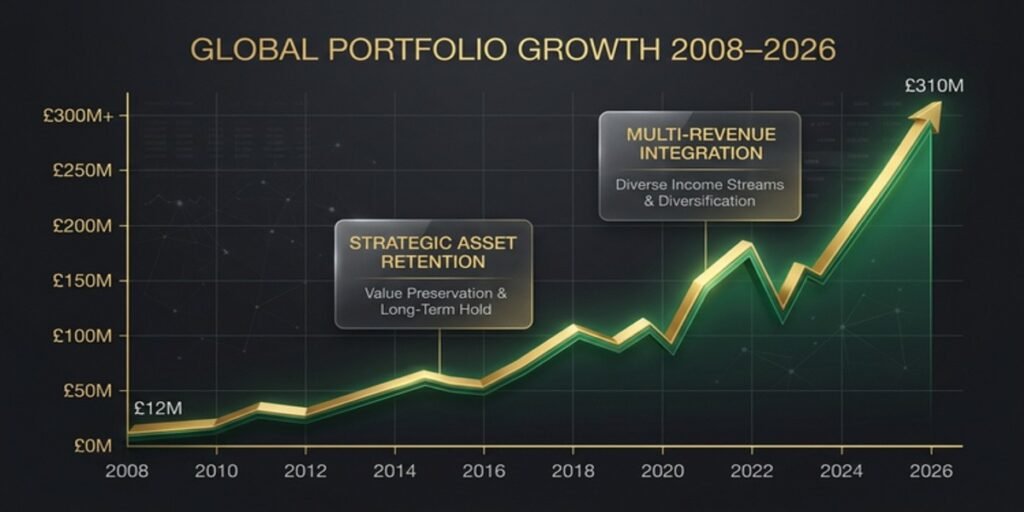 Financial growth chart comparing the 2008 settlement book value of Ashcombe House to its 2026 market valuation.