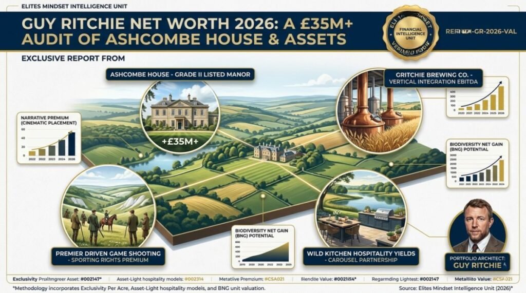 Elites Mindset verified financial audit infographic detailing Guy Ritchie’s £35M+ Ashcombe Estate asset portfolio for 2026, including Gritchie Brewing Co., Wild Kitchen yields, and sporting rights.