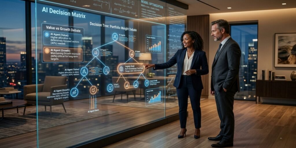 A human advisor and an AI agent collaborating on a complex philanthropic structure, showing the AI handling the data while the human provides strategic intent.