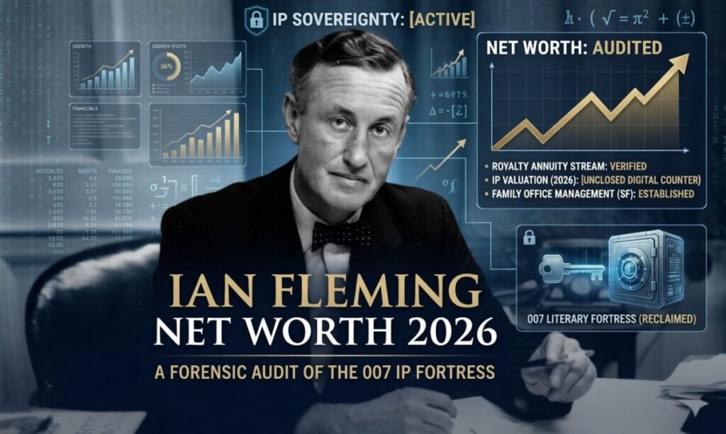 Ian Fleming's portrait is at the center of a futuristic analytical display. Digital charts, graphs, financial data counters, and a virtual safe labeled '007 Literary Fortress (Reclaimed)' surround him. The main text reads 'IAN FLEMING NET WORTH 2026' in gold and white, with the subtitle 'A FORENSIC AUDIT OF THE 007 IP FORTRESS'. The 'Elites Mindset Intelligence Unit' seal is in the corner.