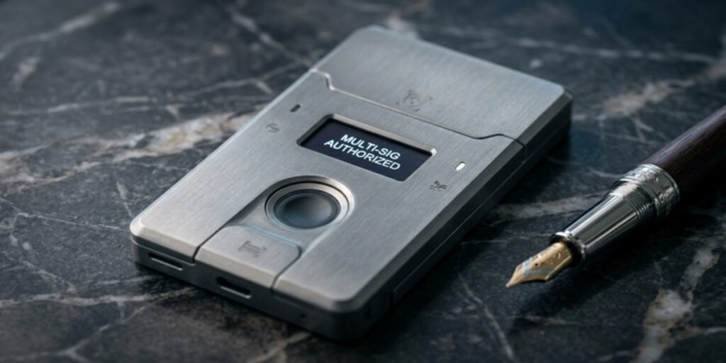 A high-security hardware device representing a digital ICE vault for multi-generational wealth succession planning.
