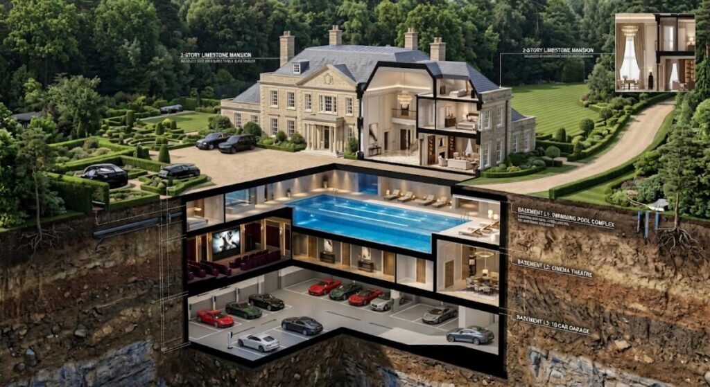 3D cross-section diagram of a Surrey mansion showing a massive subterranean basement complex.