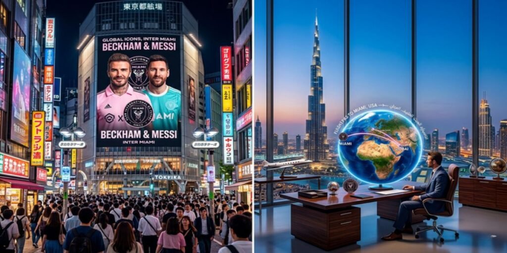 A visual representation of Inter Miami’s global brand reach, showing marketing billboards in Asia and investment connections to the Middle East.