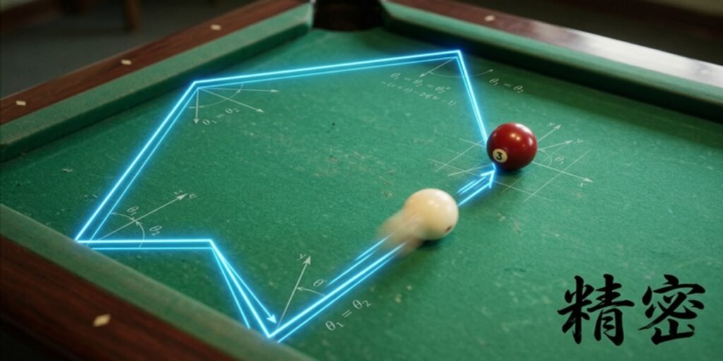 Diagram-style visual showing the geometric precision and cue ball pathing characteristic of Masako Katsura’s three-cushion billiards technique.