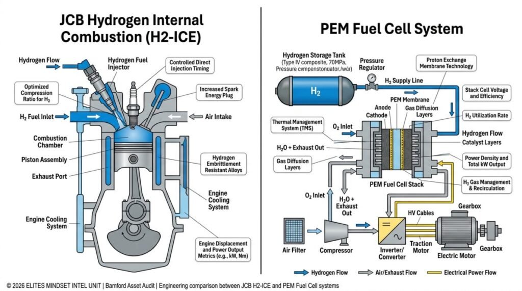 Technical cross-section comparison diagram distinguishing JCB’s hydrogen internal combustion engine (H2-ICE) from a standard hydrogen fuel cell (PEM), highlighting the re-engineered piston design for direct hydrogen injection.