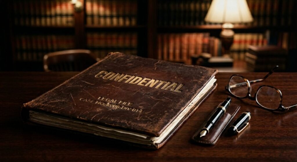 A confidential legal folder symbolizing the 2008 asset protection and privacy firewall of the Hageney-Shue divorce.