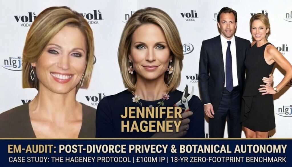A forensic comparison graphic showing Jennifer Hageney’s portrait alongside Andrew Shue and Amy Robach, highlighting the contrast between private botanical autonomy and public media visibility.