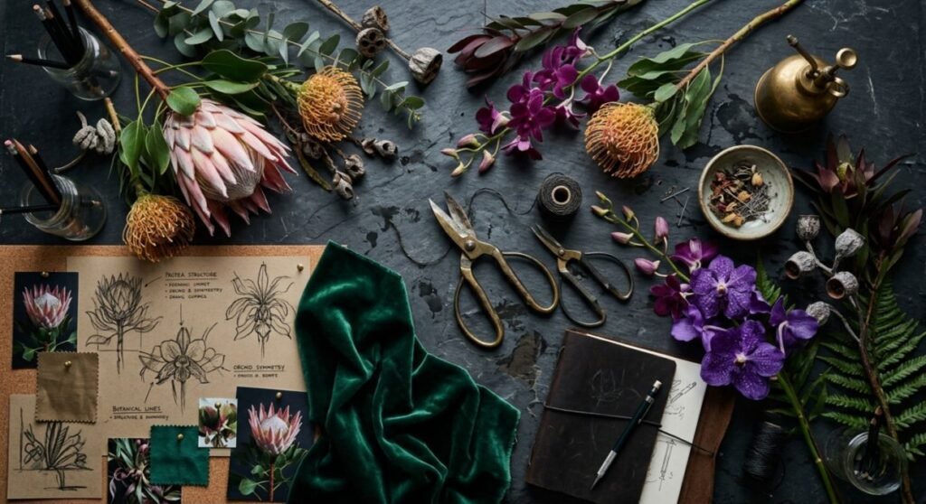 A high-end botanical design workbench illustrating the professional creative autonomy of Jennifer Hageney’s floral artistry.