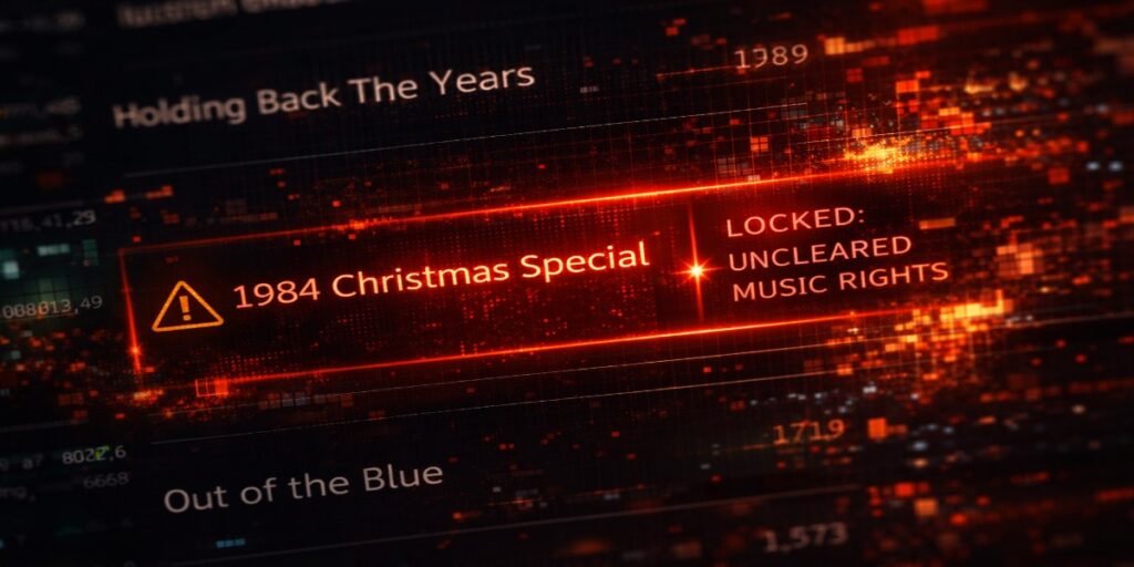 A digital audit screen showing a red warning for the Just Good Friends 1984 Christmas Special due to uncleared music rights.