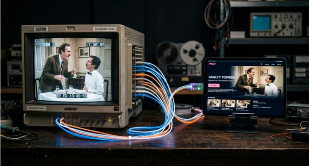 A vintage 1980s television studio monitor displaying a "Just Good Friends" broadcast style, with glowing digital lines connecting it to modern streaming icons.