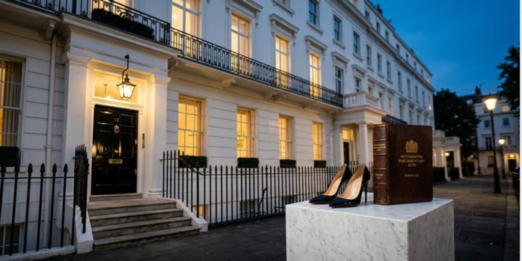 A minimalist, high-luxury architectural rendering of a London SW1 townhouse facade with a subtle House of Lords seal.