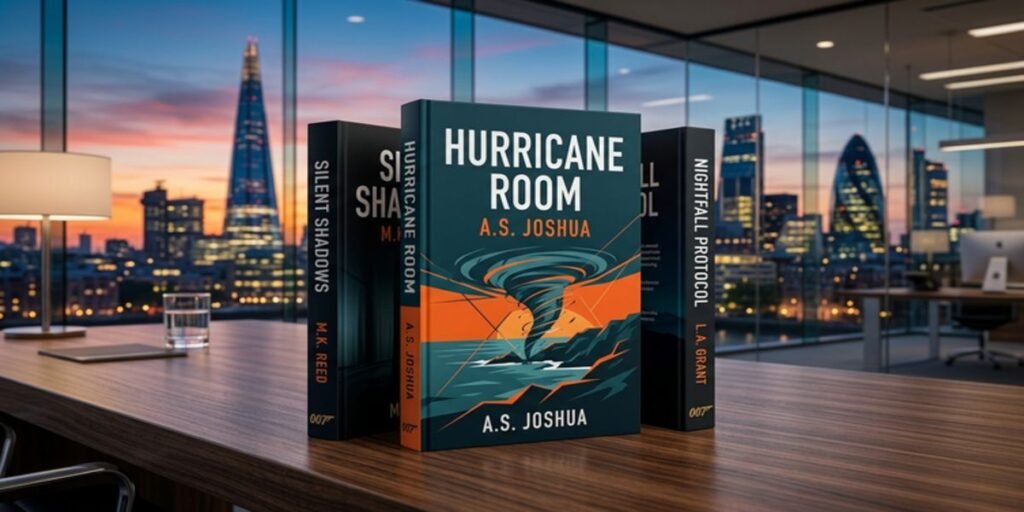 A modern, sleek book cover mock-up for "Hurricane Room" by Kim Sherwood, alongside her previous two Bond novels, displayed on a high-end digital tablet and physical hardcover.