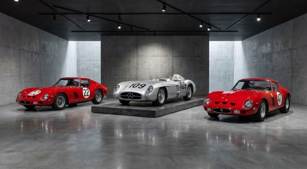 A high-definition, curated visual of Lord Bamford's legendary alternative asset class: a matched set including two Ferrari 250 GTOs (sn 3767 and 4399) and a Mercedes-Benz 300 SLR, presented as an inflation-hedging portfolio.