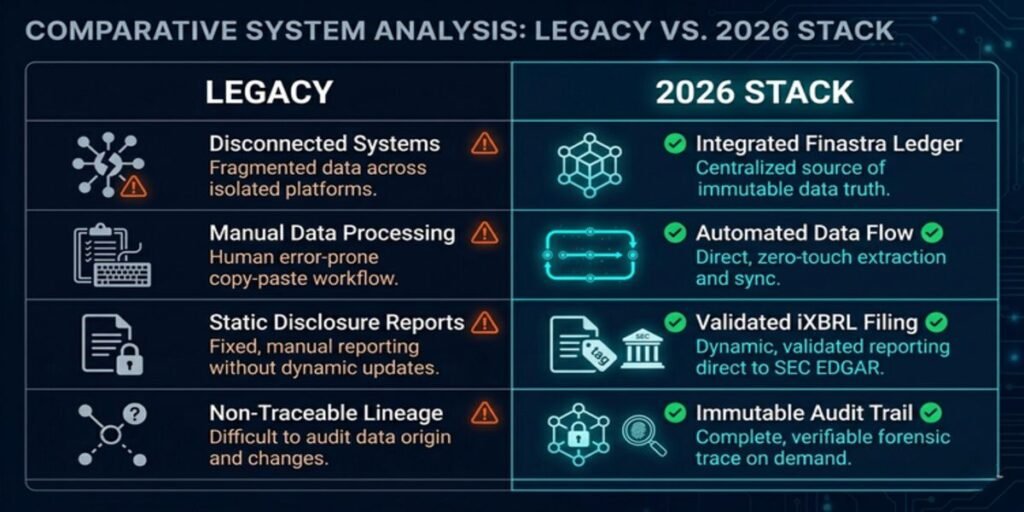 A comparison table contrasting legacy manual reporting risks with the benefits of the 2026 Workiva/Finastra automated stack.