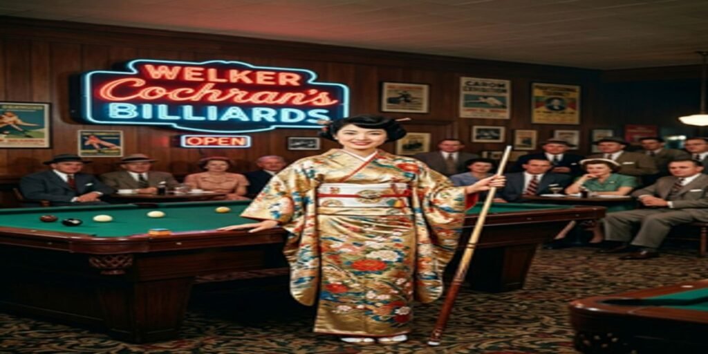Masako Katsura performing a billiards trick shot while wearing a traditional Japanese kimono during her 1950s American exhibition tour.